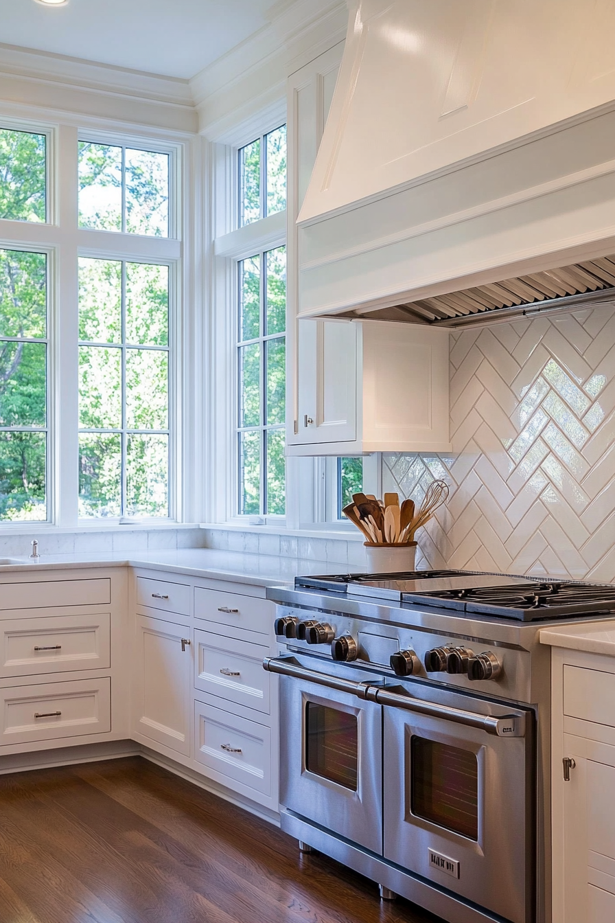 Classic white herringbone tiles with crisp grout lines