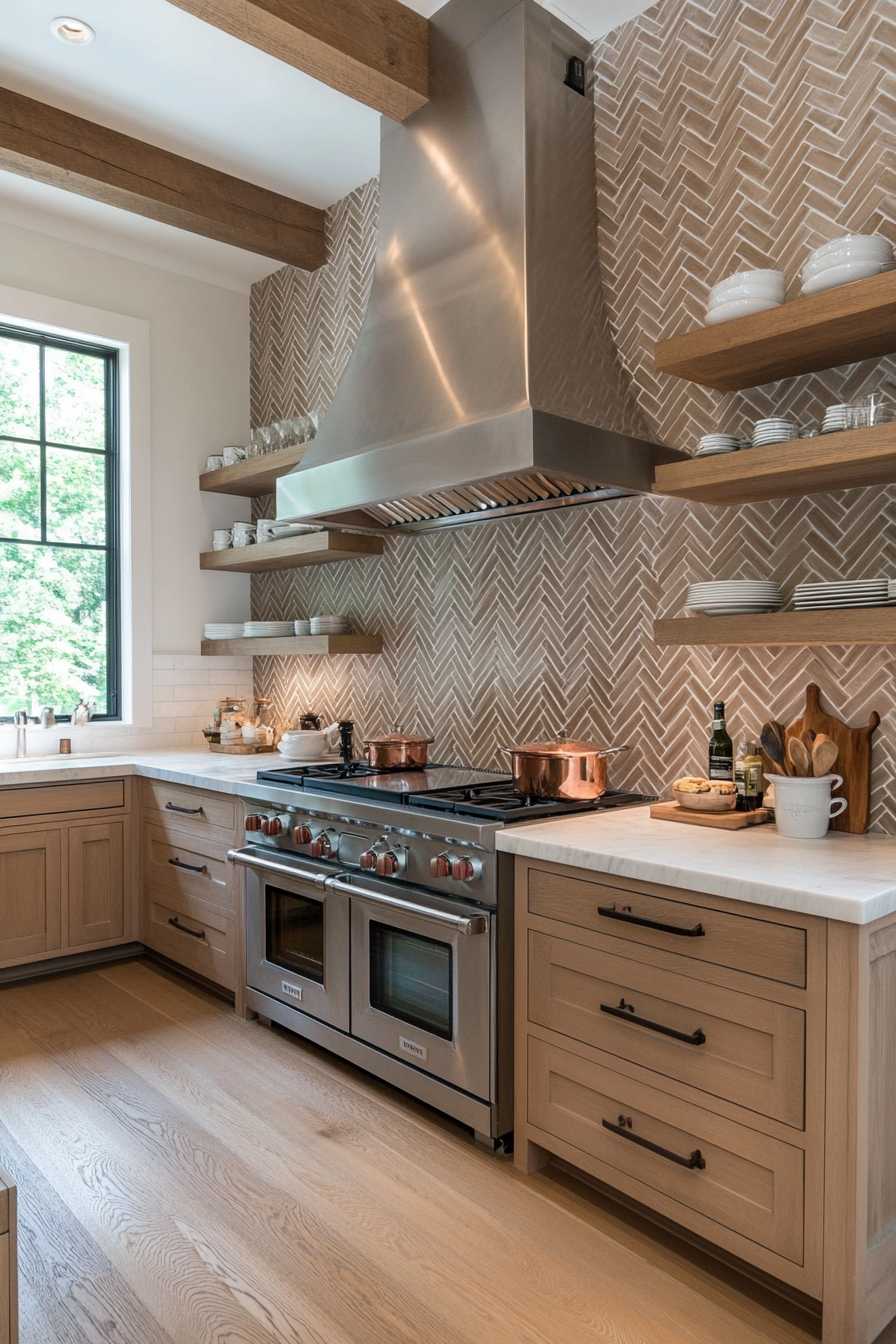 Herringbone backsplash paired with rustic wood elements