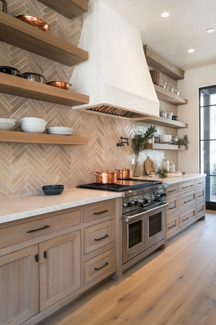 Close-up of rustic herringbone backsplash with wood shelving