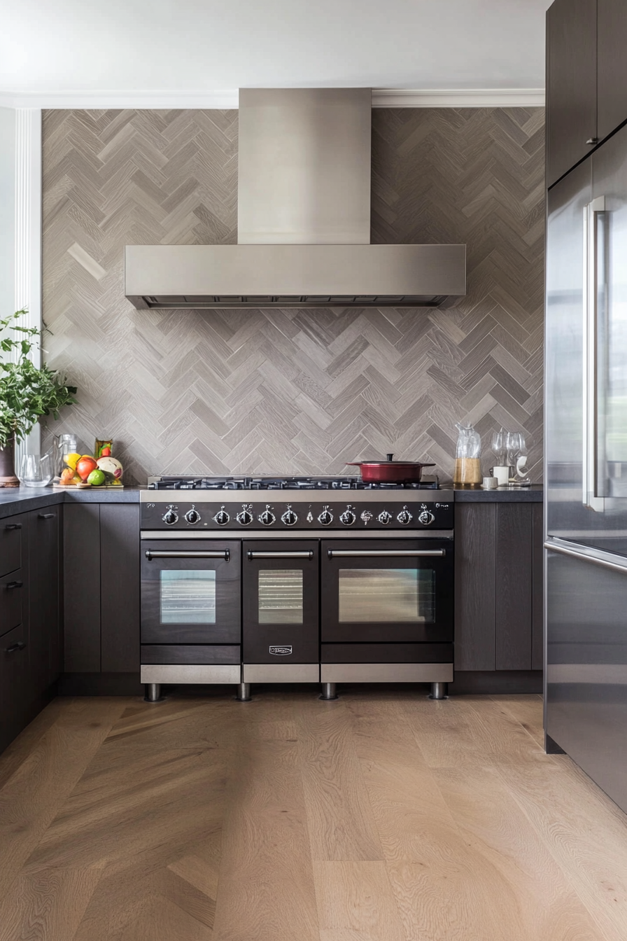 Grey scale herringbone backsplash with gradient effect