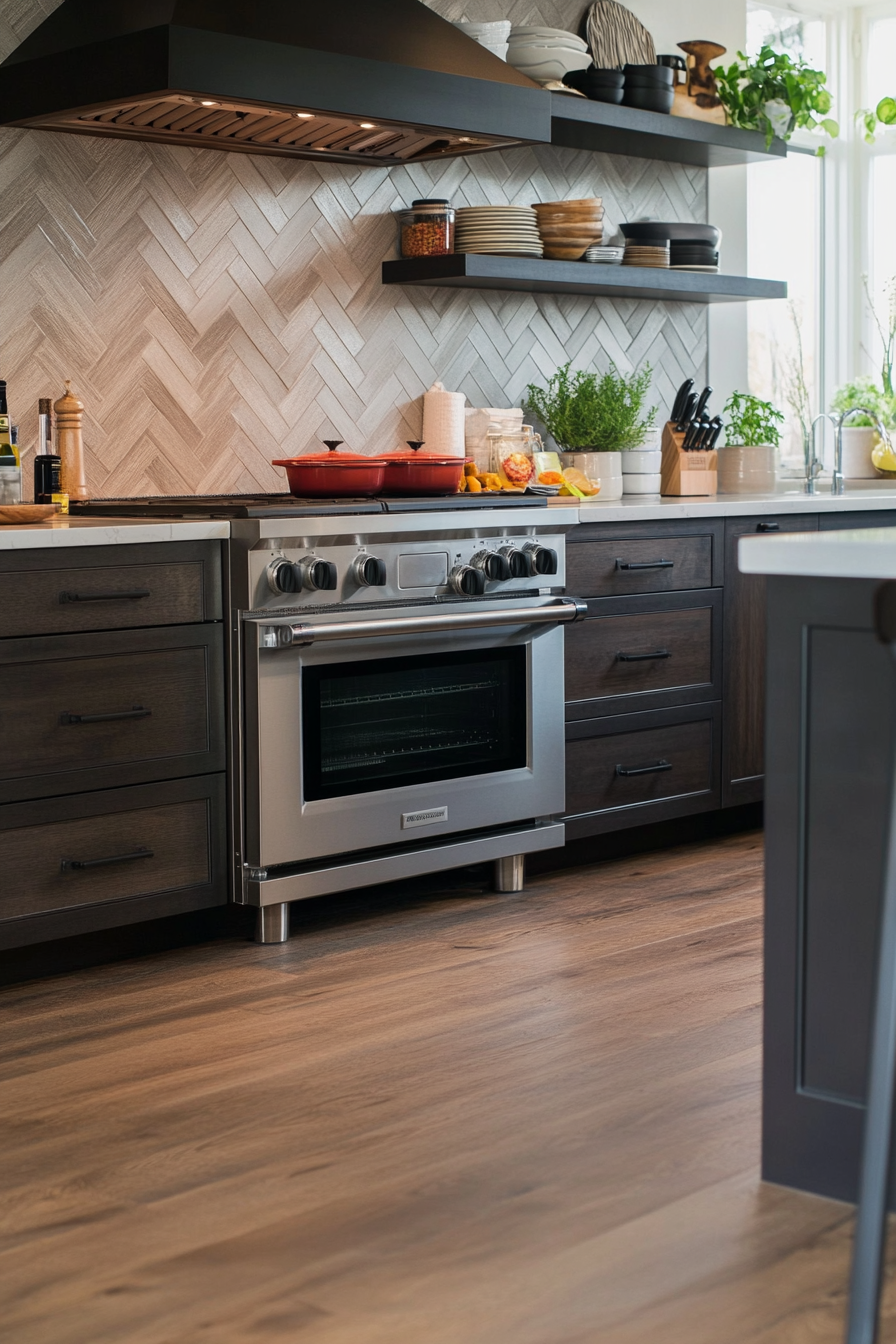 Close-up of monochromatic grey herringbone tiles