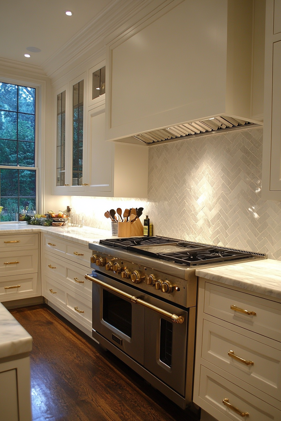 Iridescent marble herringbone backsplash with elegant shimmer