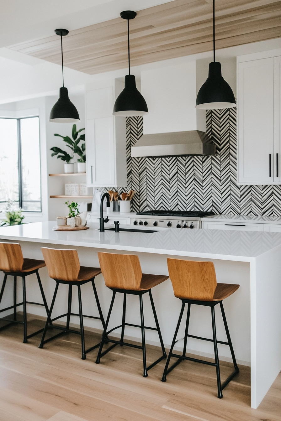 Black and white herringbone backsplash with bold geometric contrast