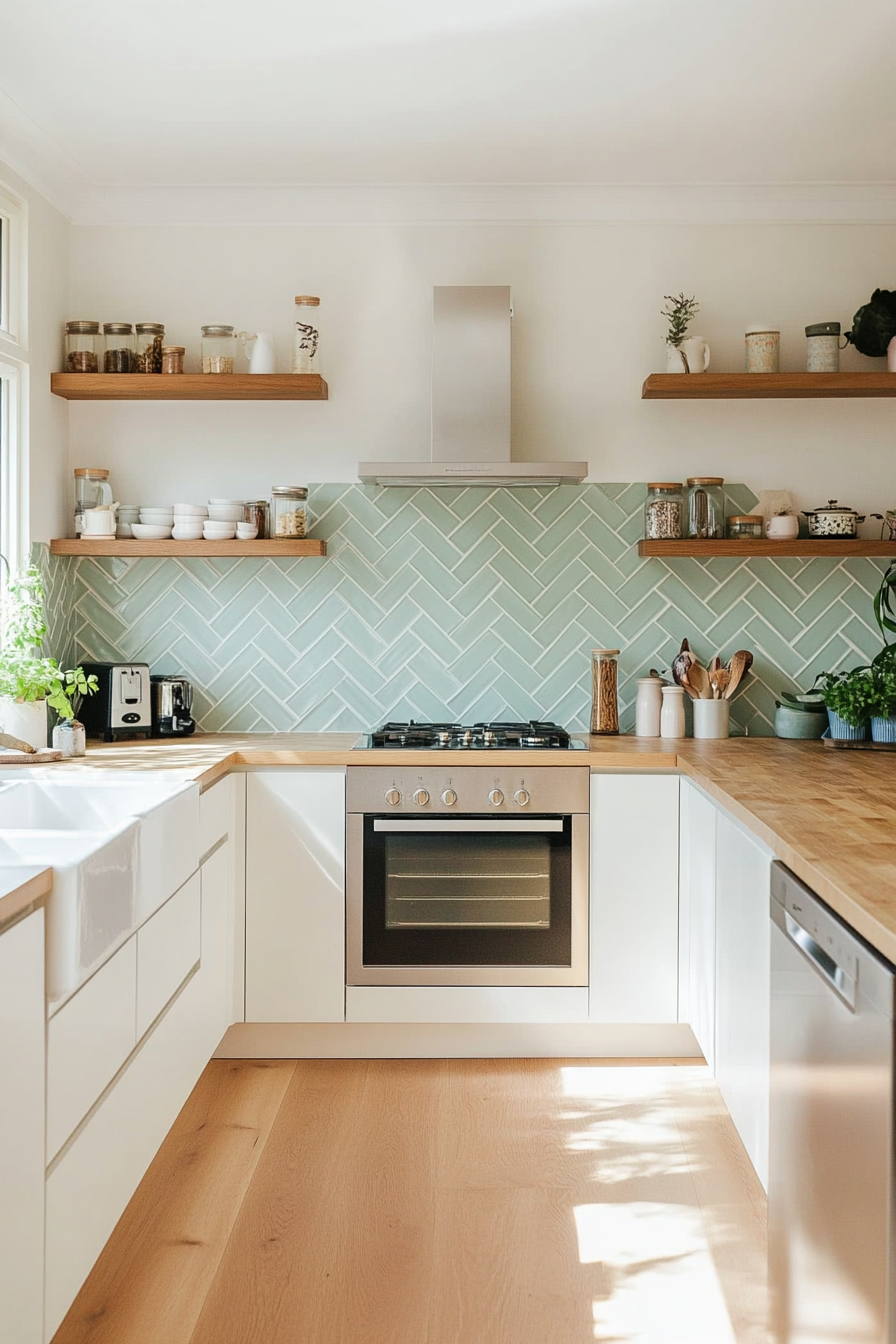 Pastel-colored herringbone backsplash with soft tones