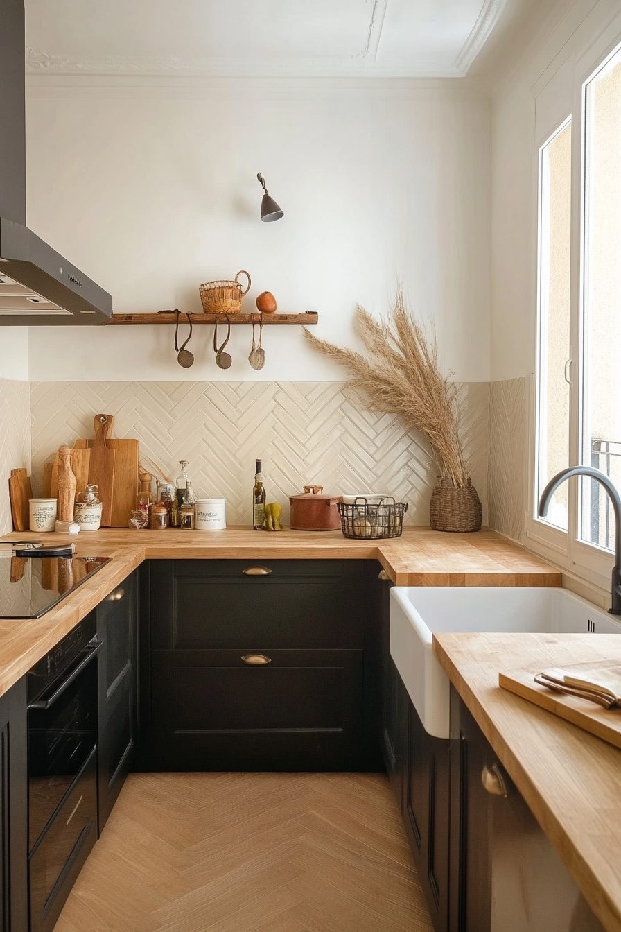 Textured ceramic herringbone backsplash for a rustic look