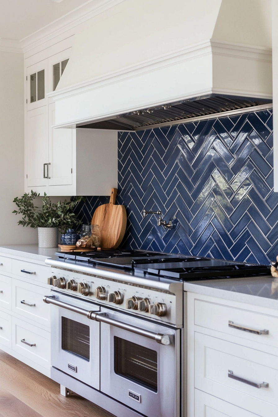 Blue glass herringbone backsplash with white cabinets