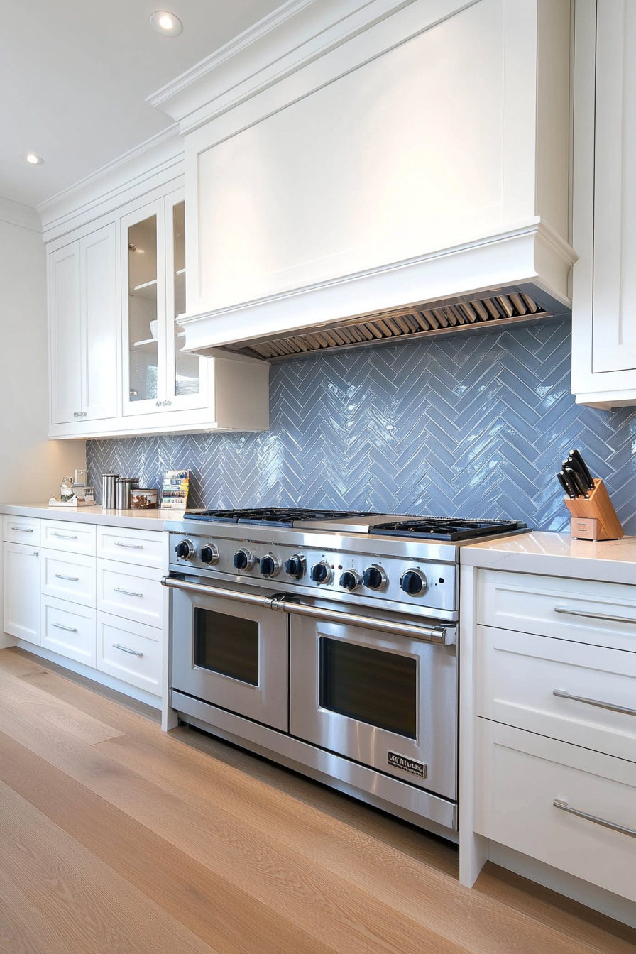 Close-up of blue glass herringbone tiles