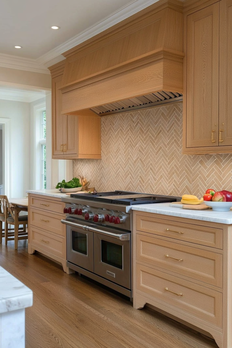 Neutral ombre herringbone tile backsplash