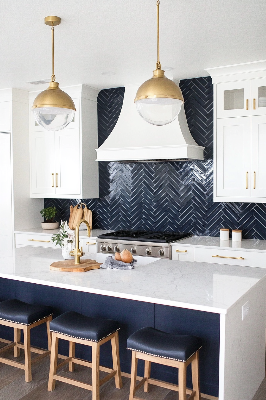Dark navy herringbone backsplash with a moody aesthetic