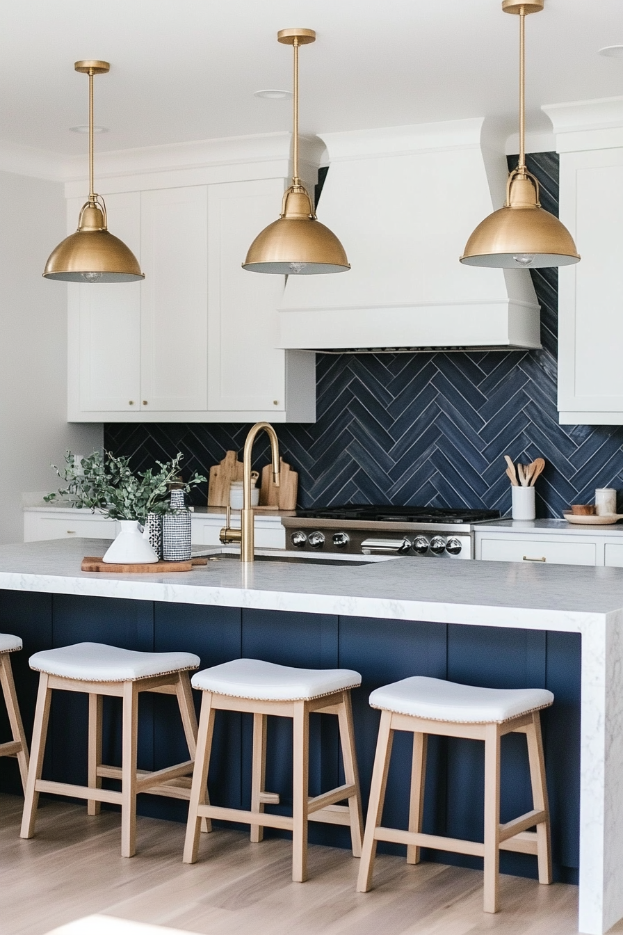 Close-up of dark navy herringbone tiles with metallic accents