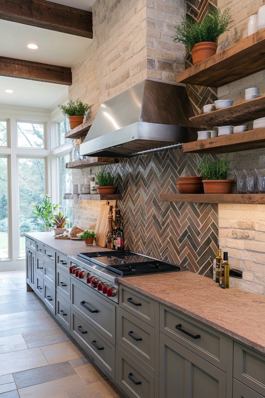 Close-up of custom-cut herringbone tiles in natural tones