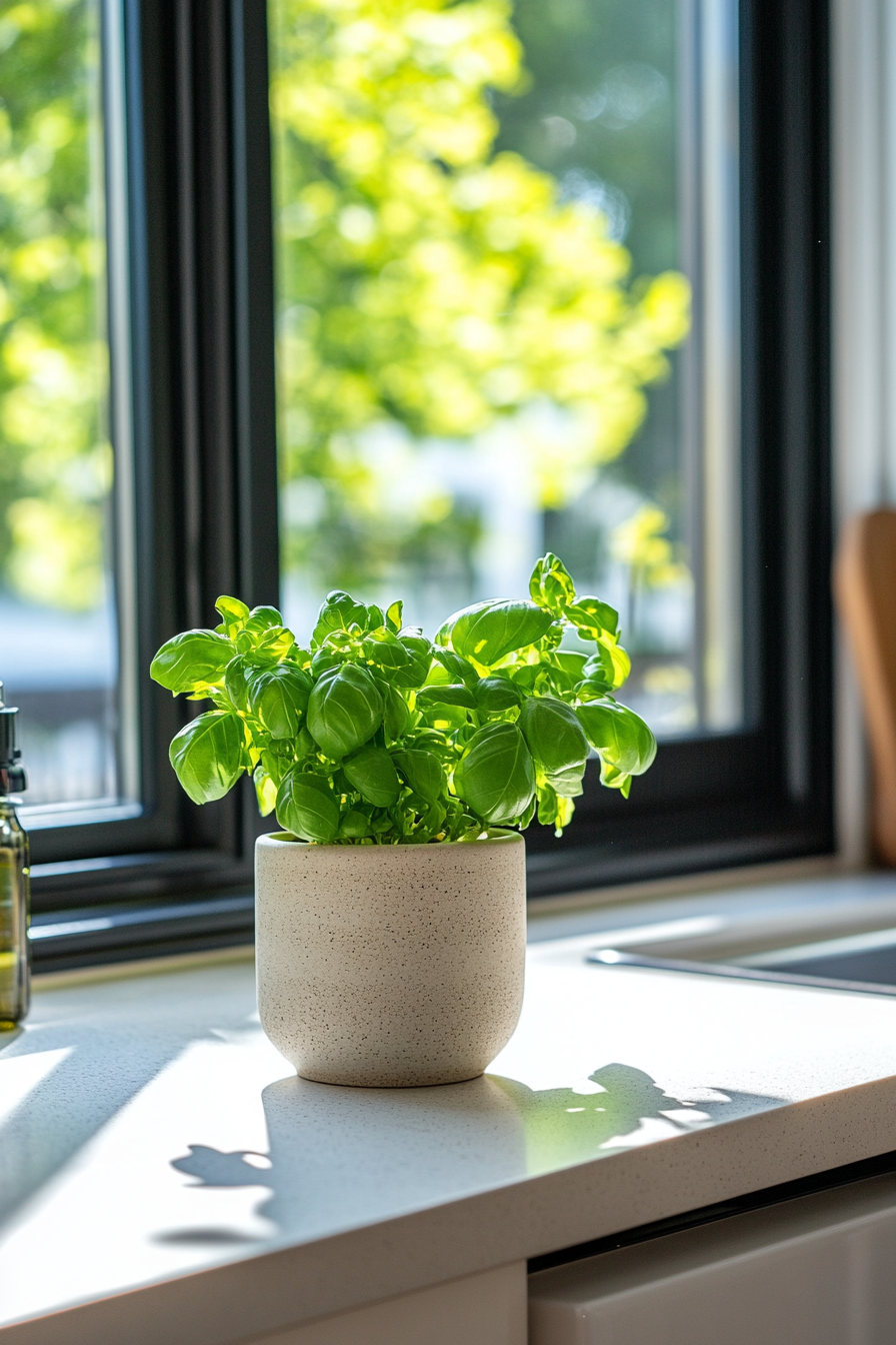 A ceramic herb planter with fresh basil on a kitchen counter