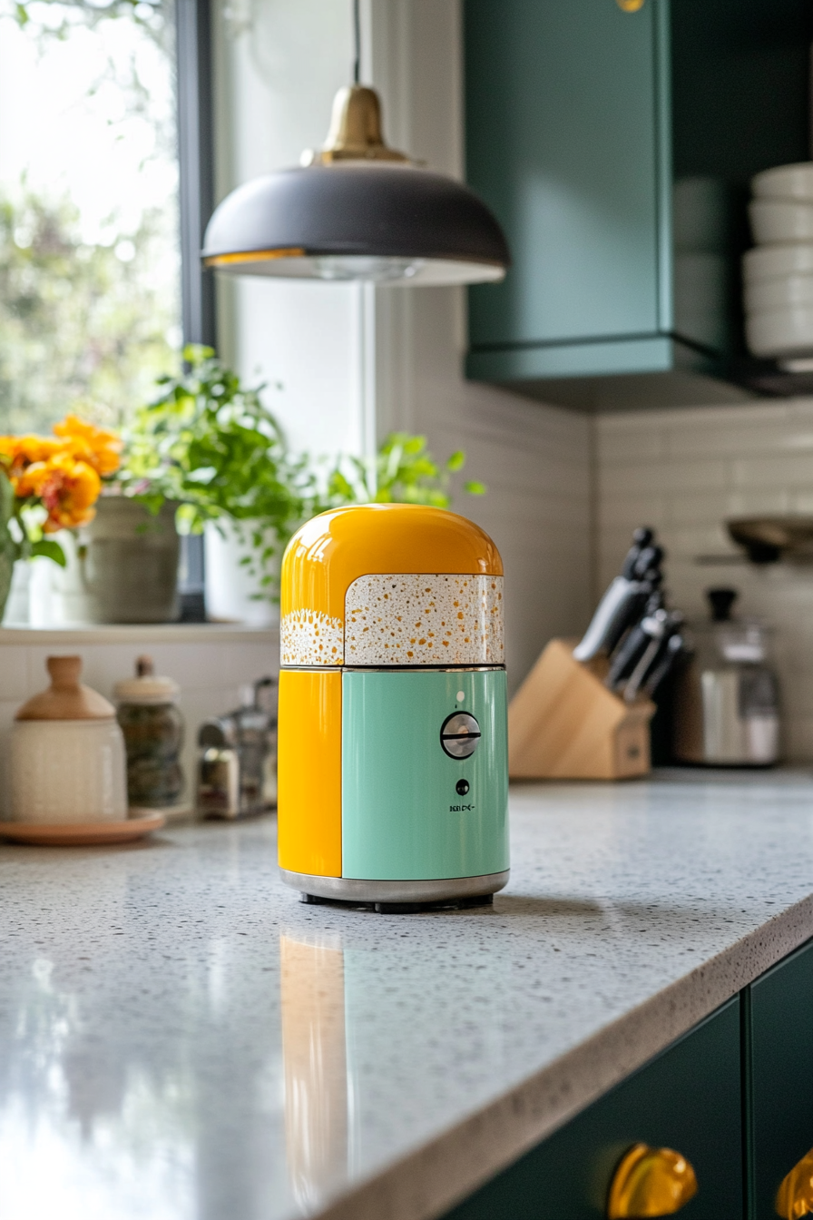 Close-up of a retro kitchen timer with vibrant colors
