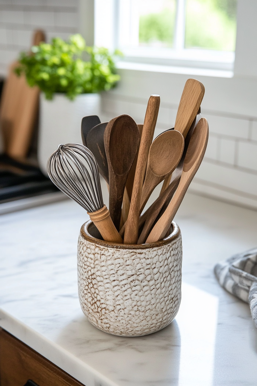 Artisan ceramic utensil holder on a kitchen counter
