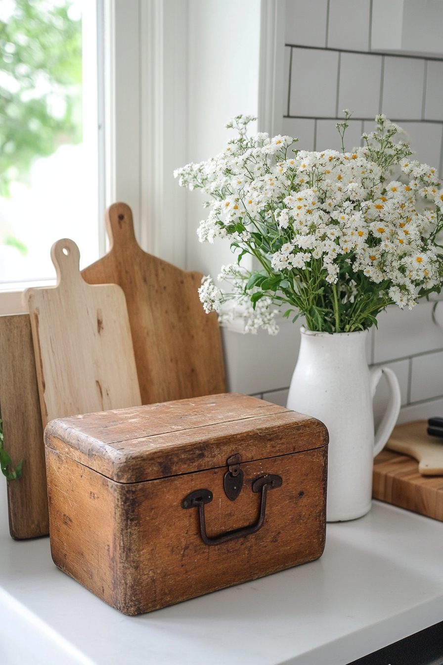 Vintage bread box used as kitchen counter decor