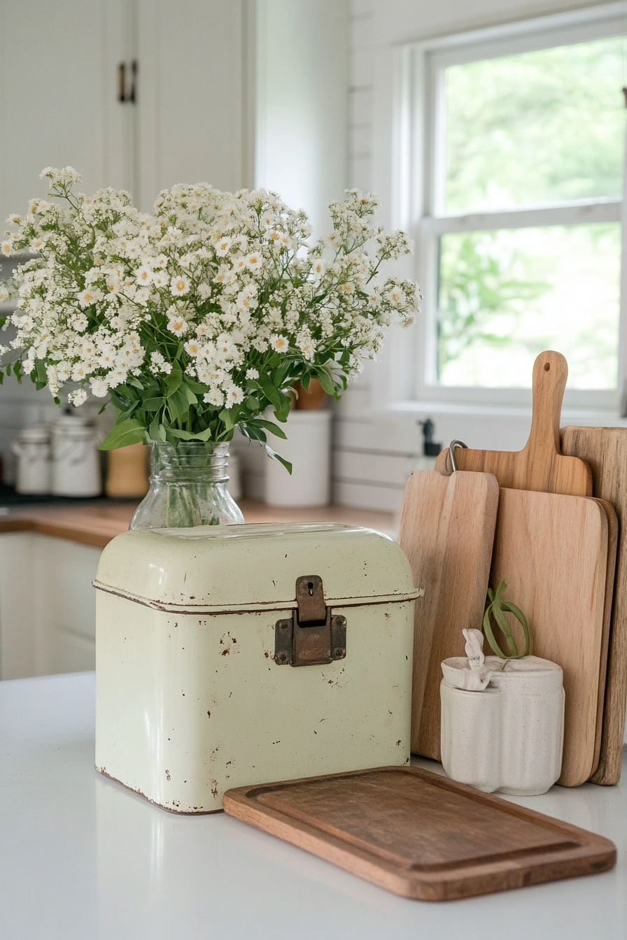 Close-up of a vintage bread box styled with flowers