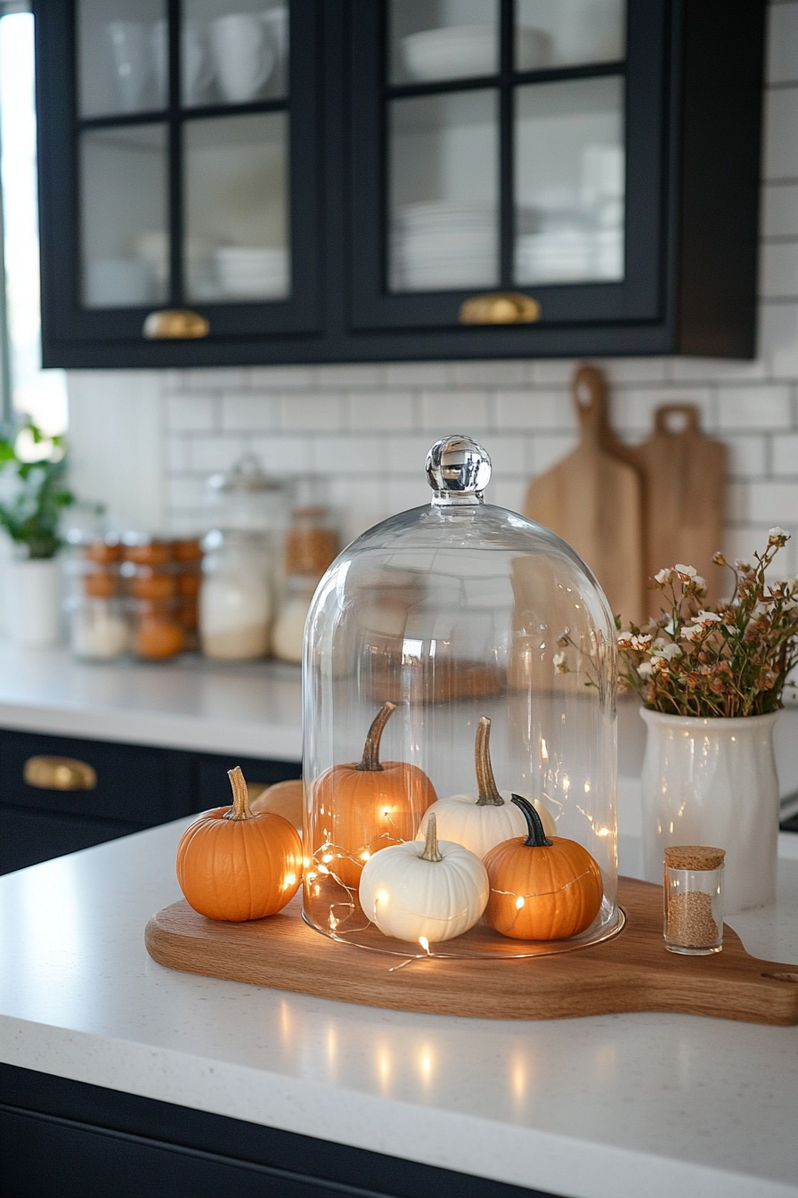 Glass cloche with seasonal decorations on a kitchen counter