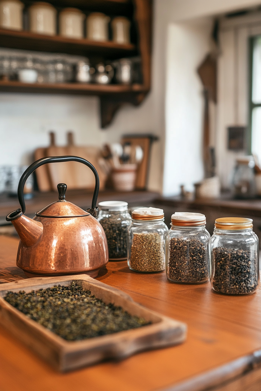 A vintage copper tea kettle as kitchen decor