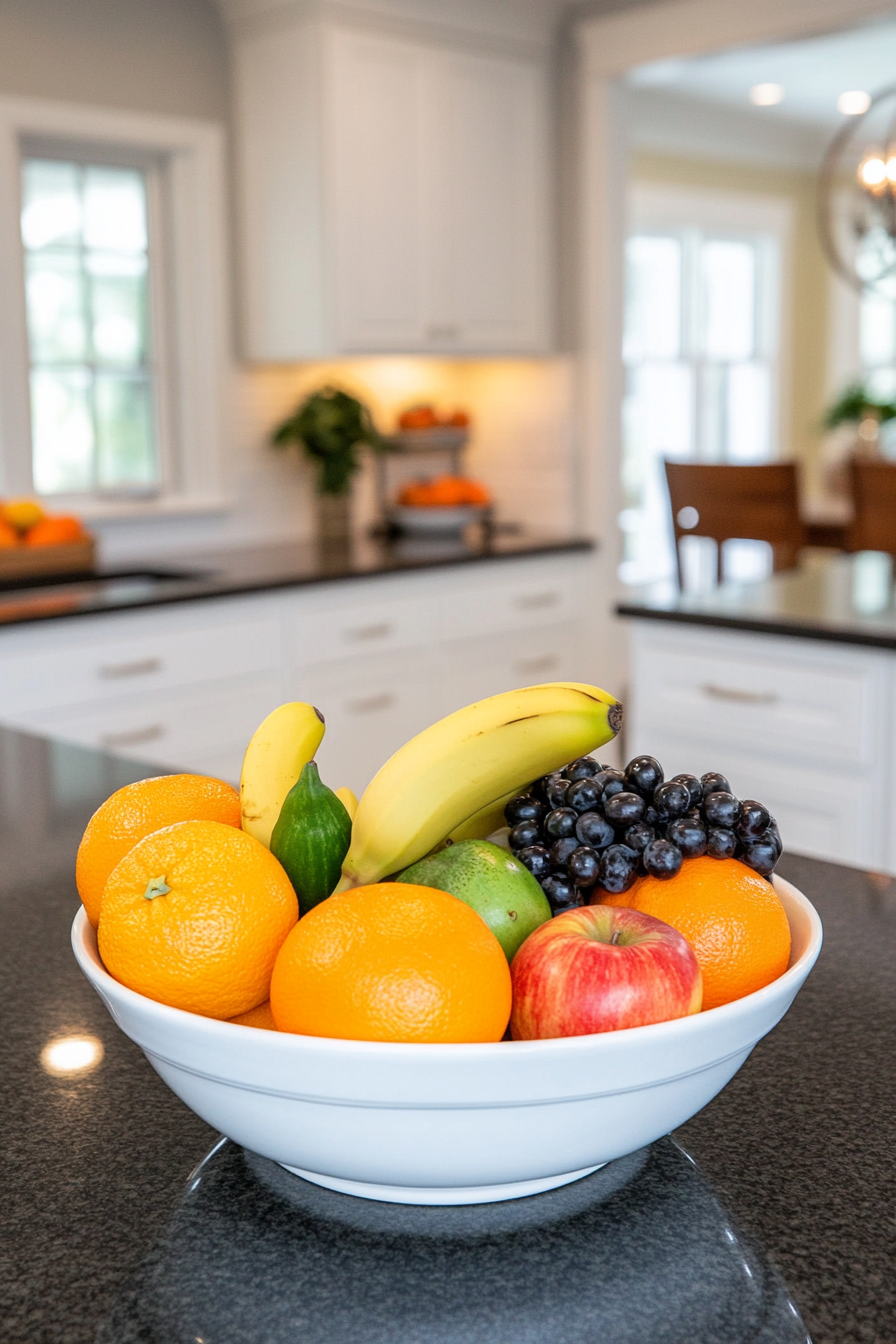 A vibrant fruit bowl with seasonal produce on a counter
