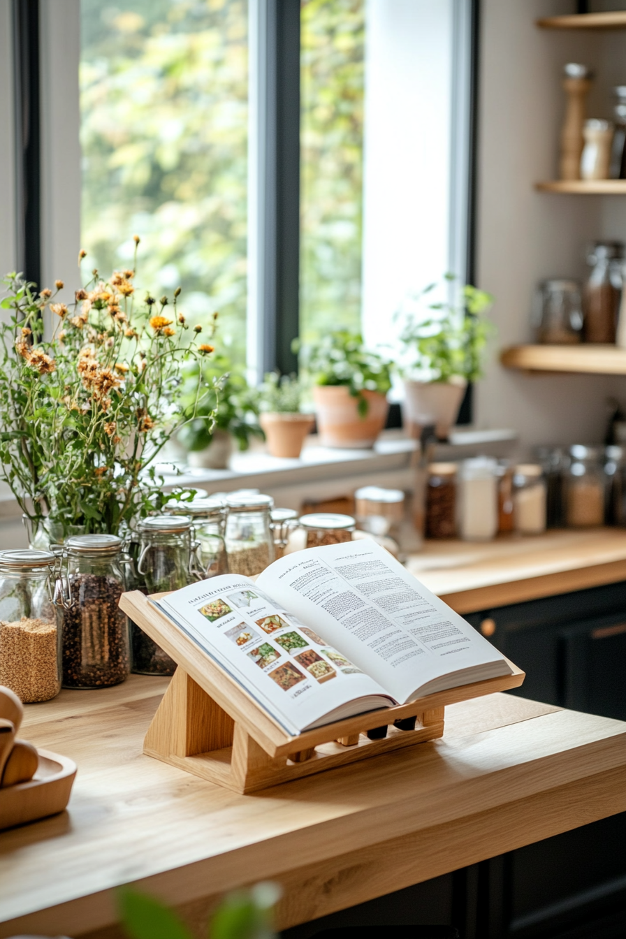 A wooden cookbook stand displaying an open recipe book on a kitchen counter