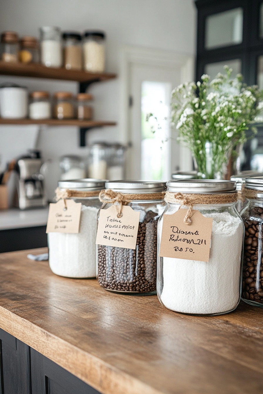 Rustic glass jars holding kitchen essentials like flour and sugar