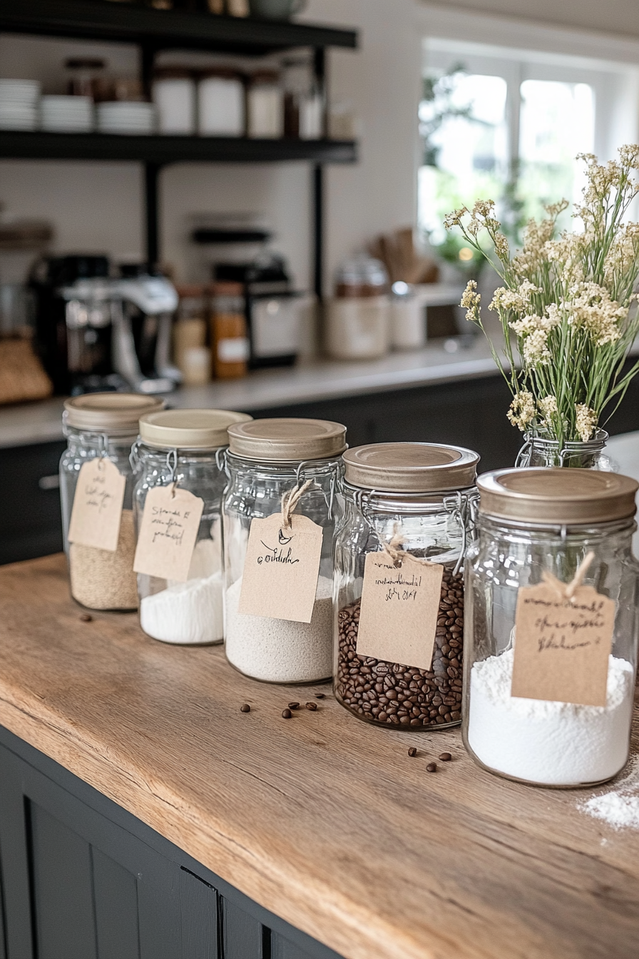 Close-up of glass jars with labels and wooden lids