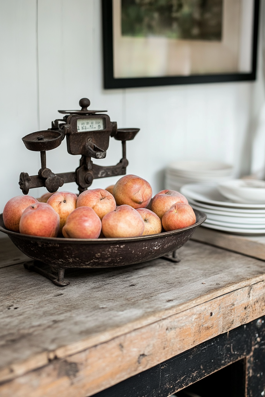Vintage kitchen scale used as a decorative centerpiece on a counter