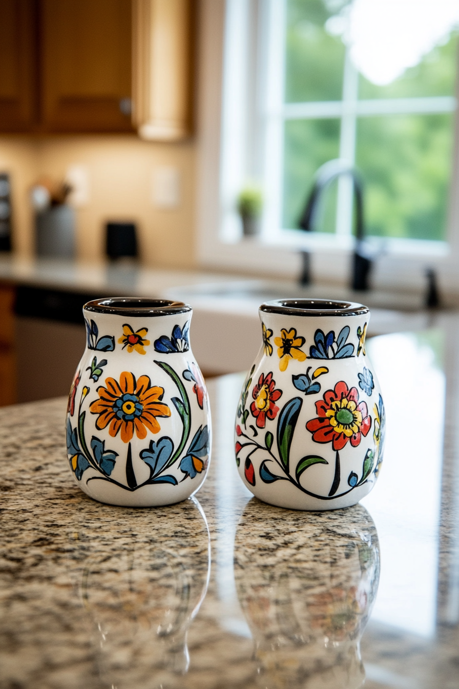 Close-up of ceramic salt and pepper shakers with a hand-painted floral design