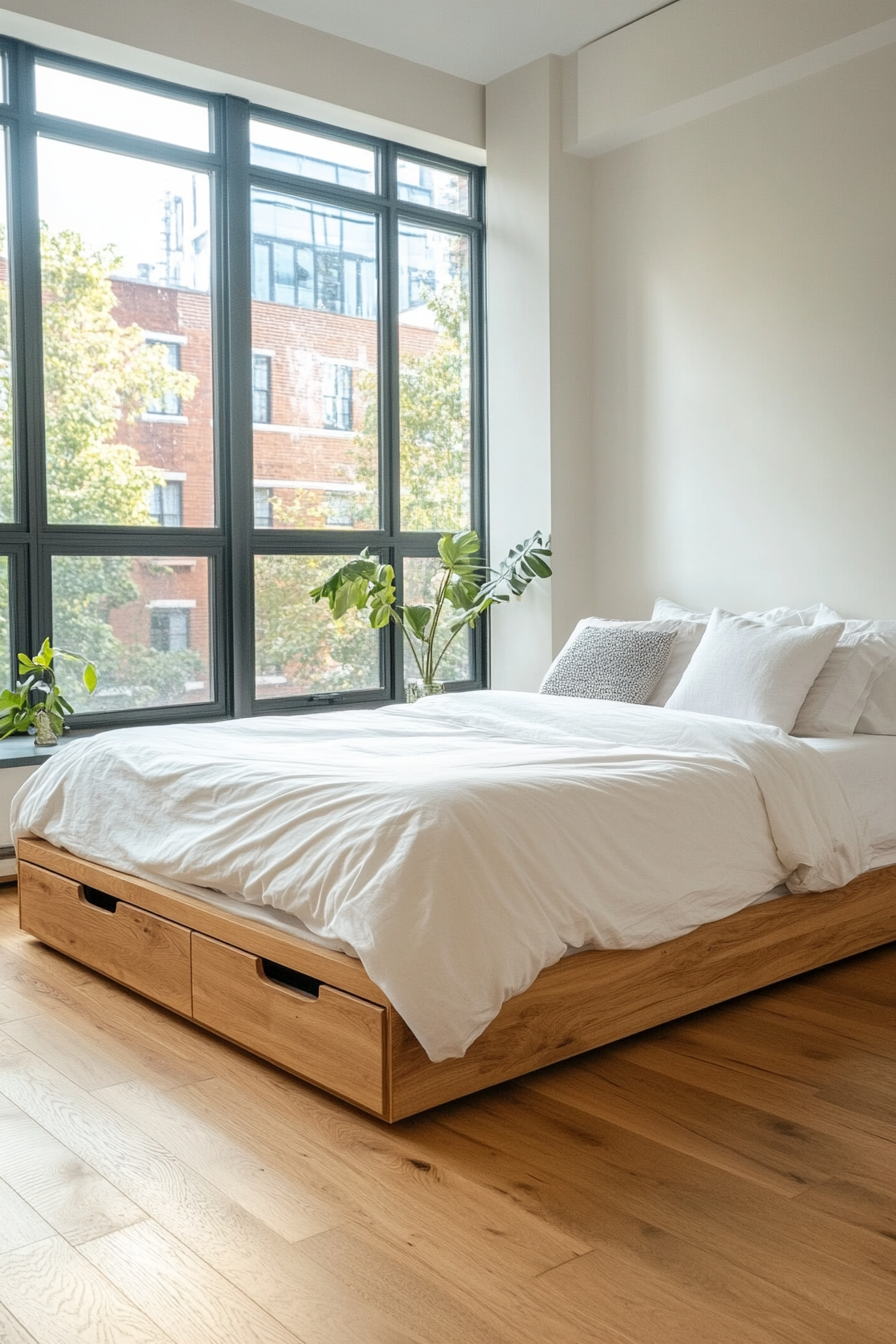 Floating platform bed with concealed storage space