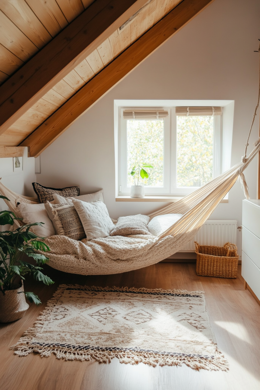 Cozy hammock reading nook in loft bedroom corner