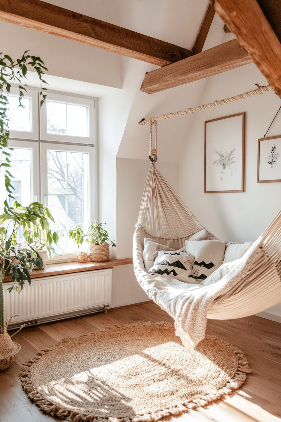 Cozy hammock reading nook in loft bedroom corner