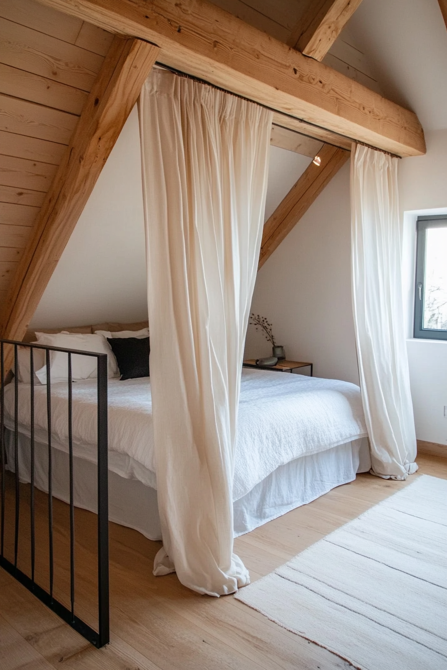 Retractable privacy curtains in a loft bedroom