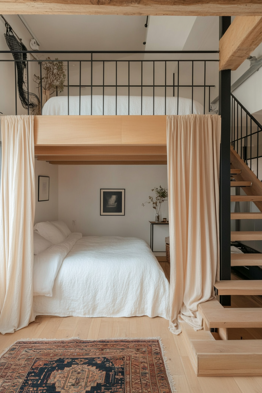 Retractable privacy curtains in a loft bedroom