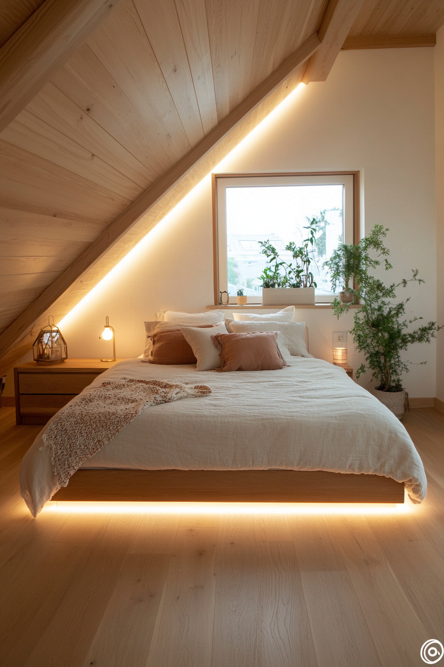 Low-profile bed with soft LED underlighting
