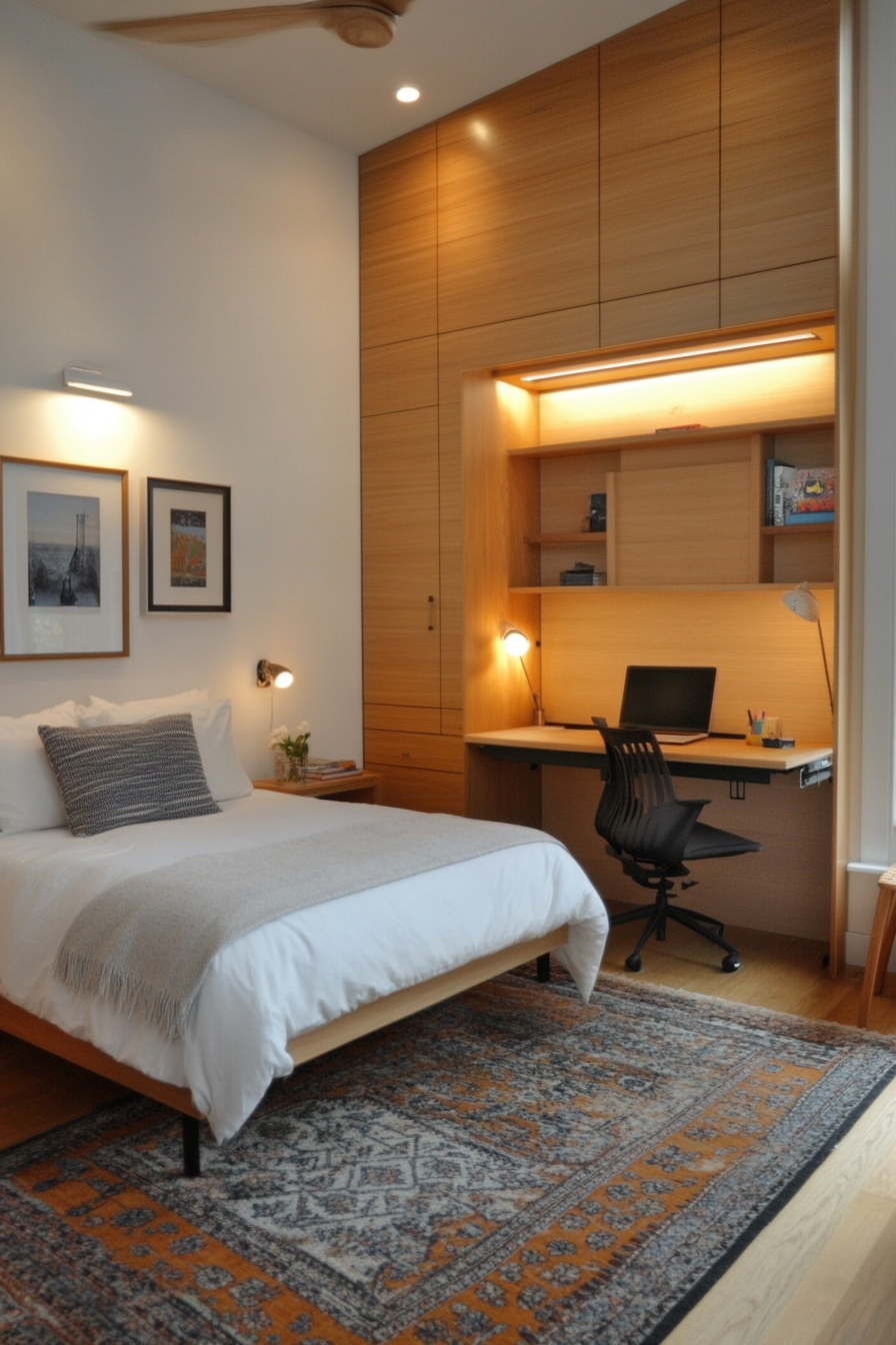 Wall-mounted folding desk in a compact loft bedroom