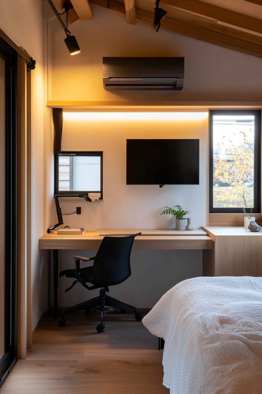Wall-mounted folding desk in a compact loft bedroom