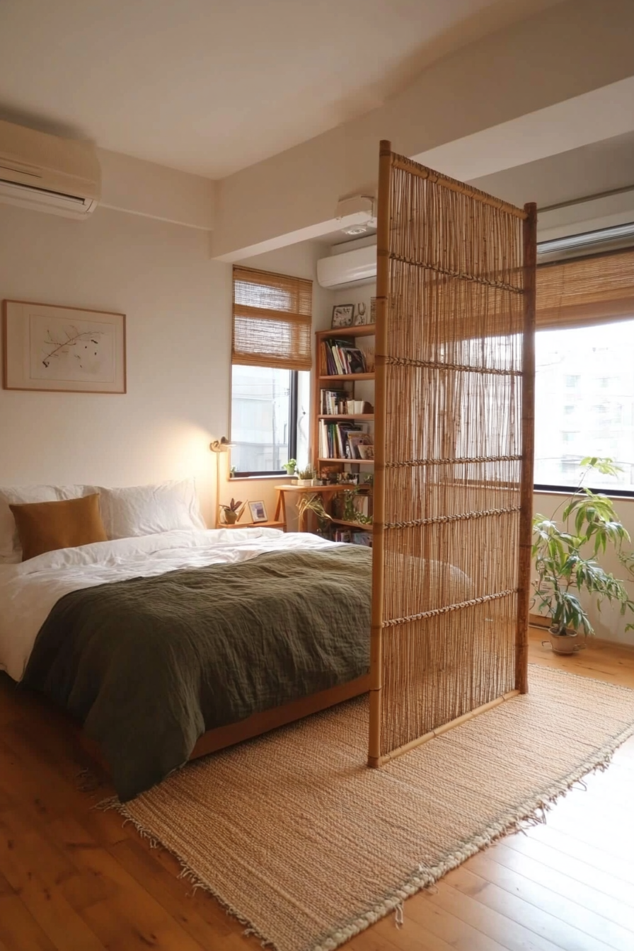 Natural bamboo room divider in a loft bedroom