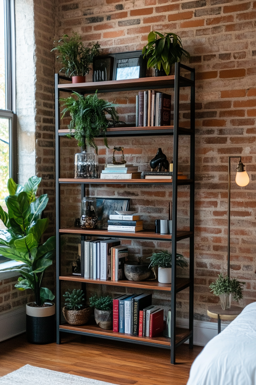 Tall industrial-style metal bookcase for storage and design