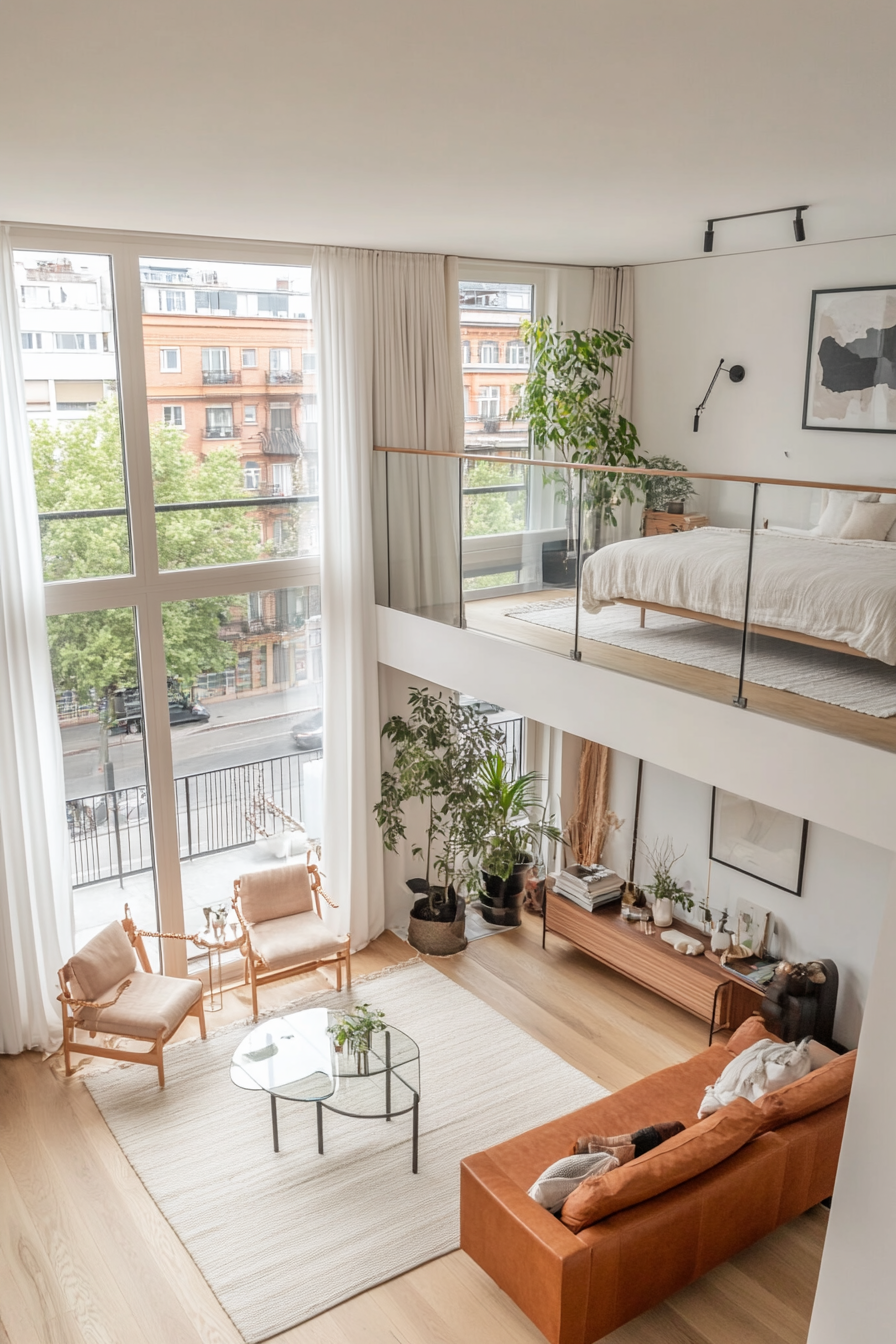 Glass balcony railing with open view of living room