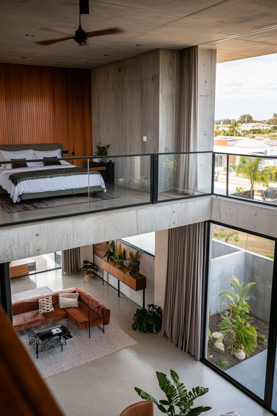 Glass balcony railing with open view of living room