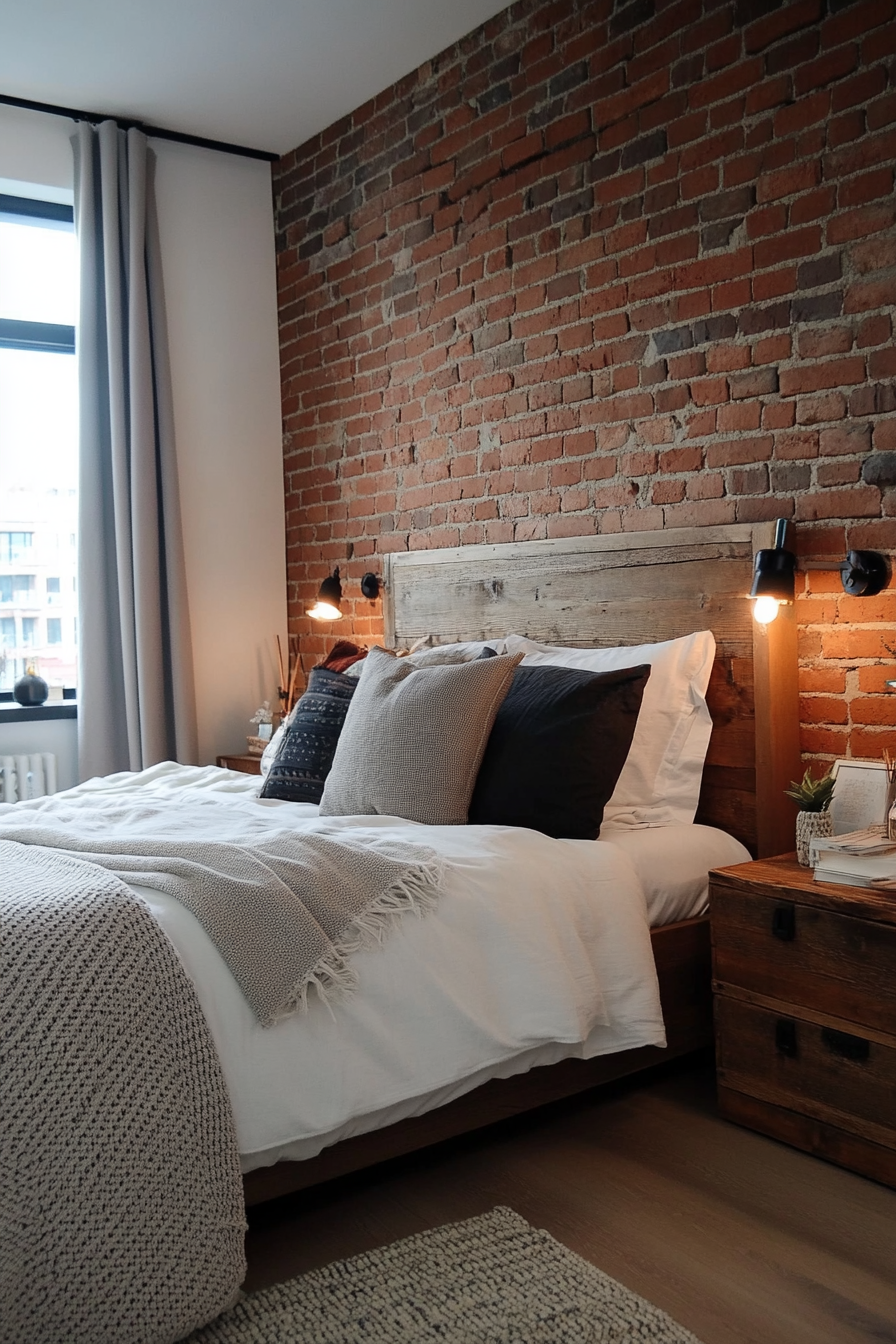 Exposed brick wall behind bed headboard