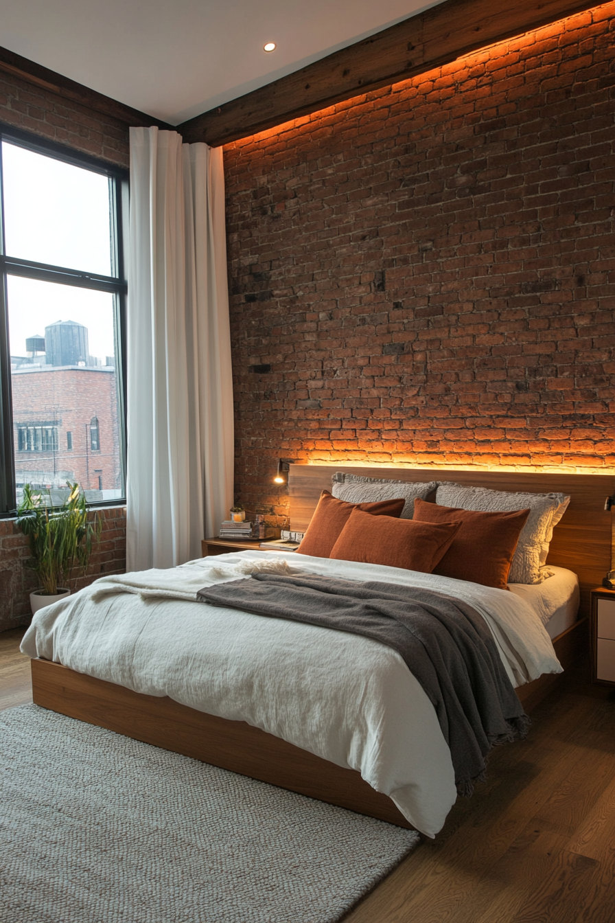 Exposed brick wall behind bed headboard