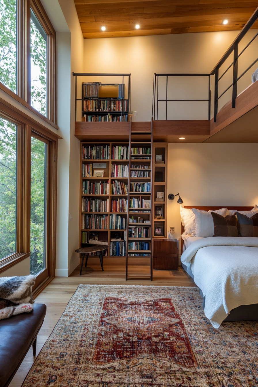 Rolling library ladder for loft storage
