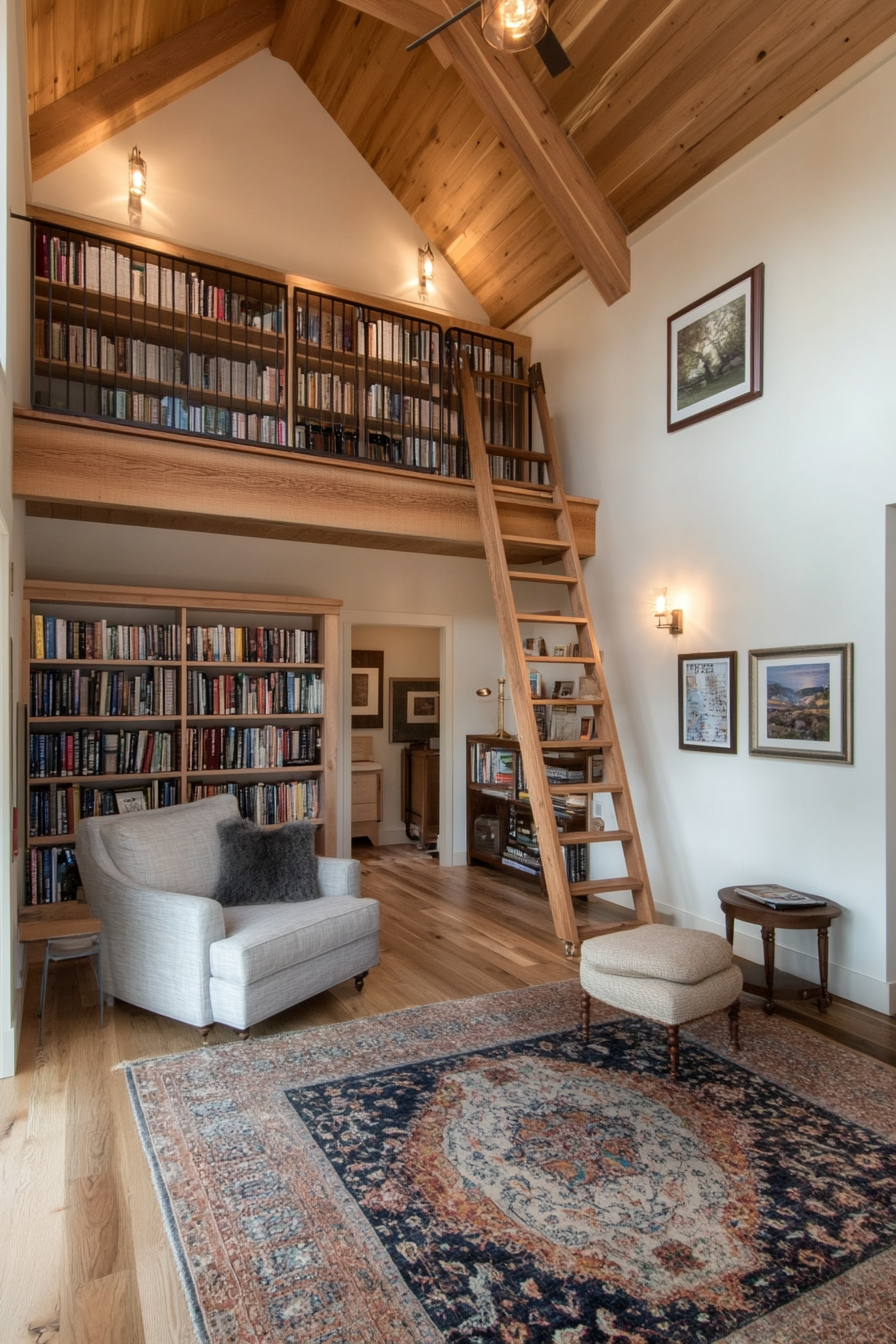 Rolling library ladder for loft storage