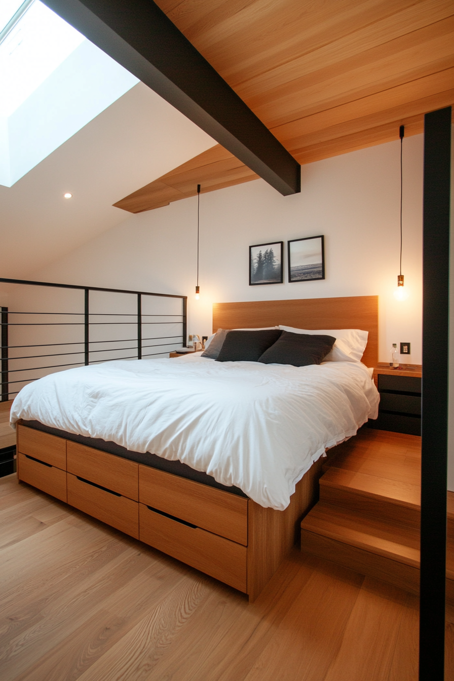 Raised floor with built-in drawers for storage