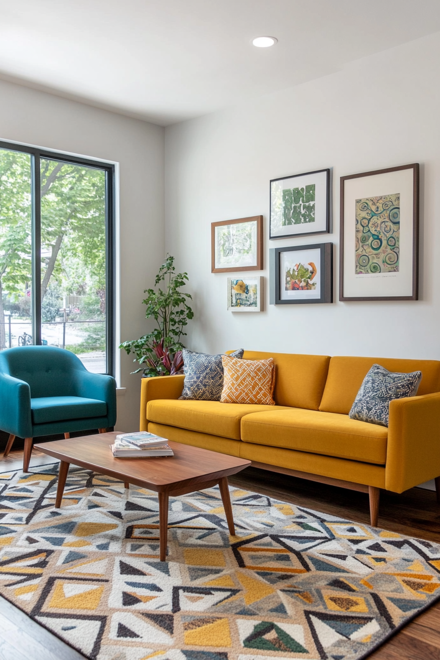A bold combination of mustard yellow and teal for a vintage yet modern aesthetic.