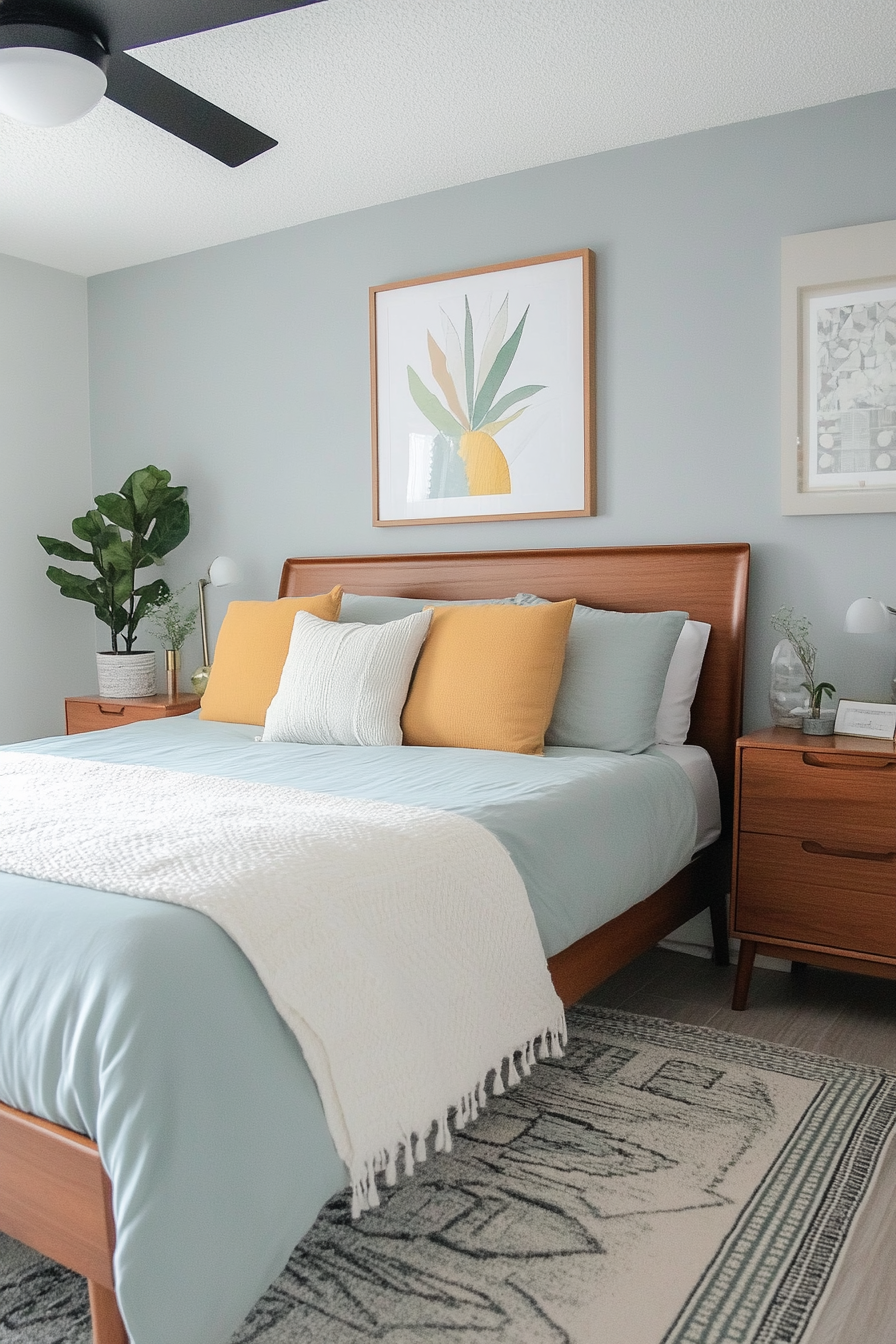 A soothing mix of smoky gray and pastel blue for a minimalist mid-century aesthetic.