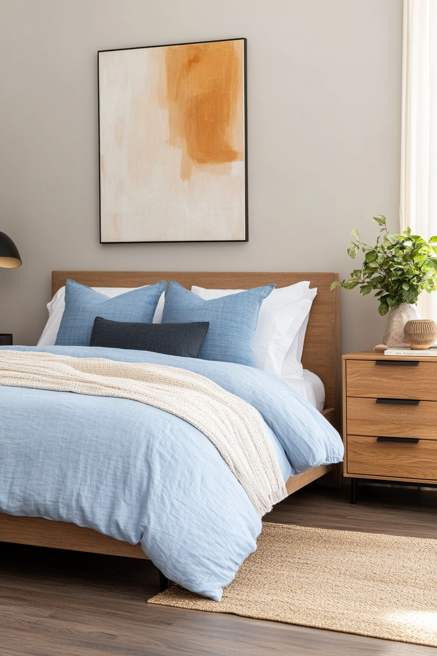 A soothing mix of smoky gray and pastel blue for a minimalist mid-century aesthetic.