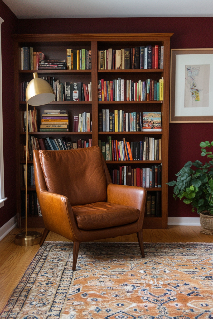 Deep red and natural wood tones for a cozy, grounded mid-century design.