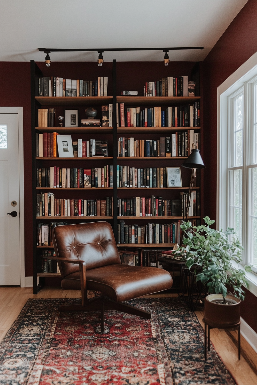 Deep red and natural wood tones for a cozy, grounded mid-century design.